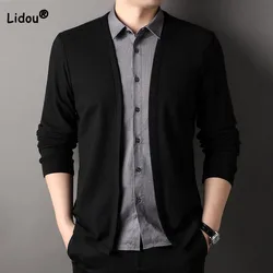 Camisa de retazos de punto para hombre, ropa informal de negocios de dos piezas falsas, con botones de Color sólido, a la moda, otoño e invierno, 2023