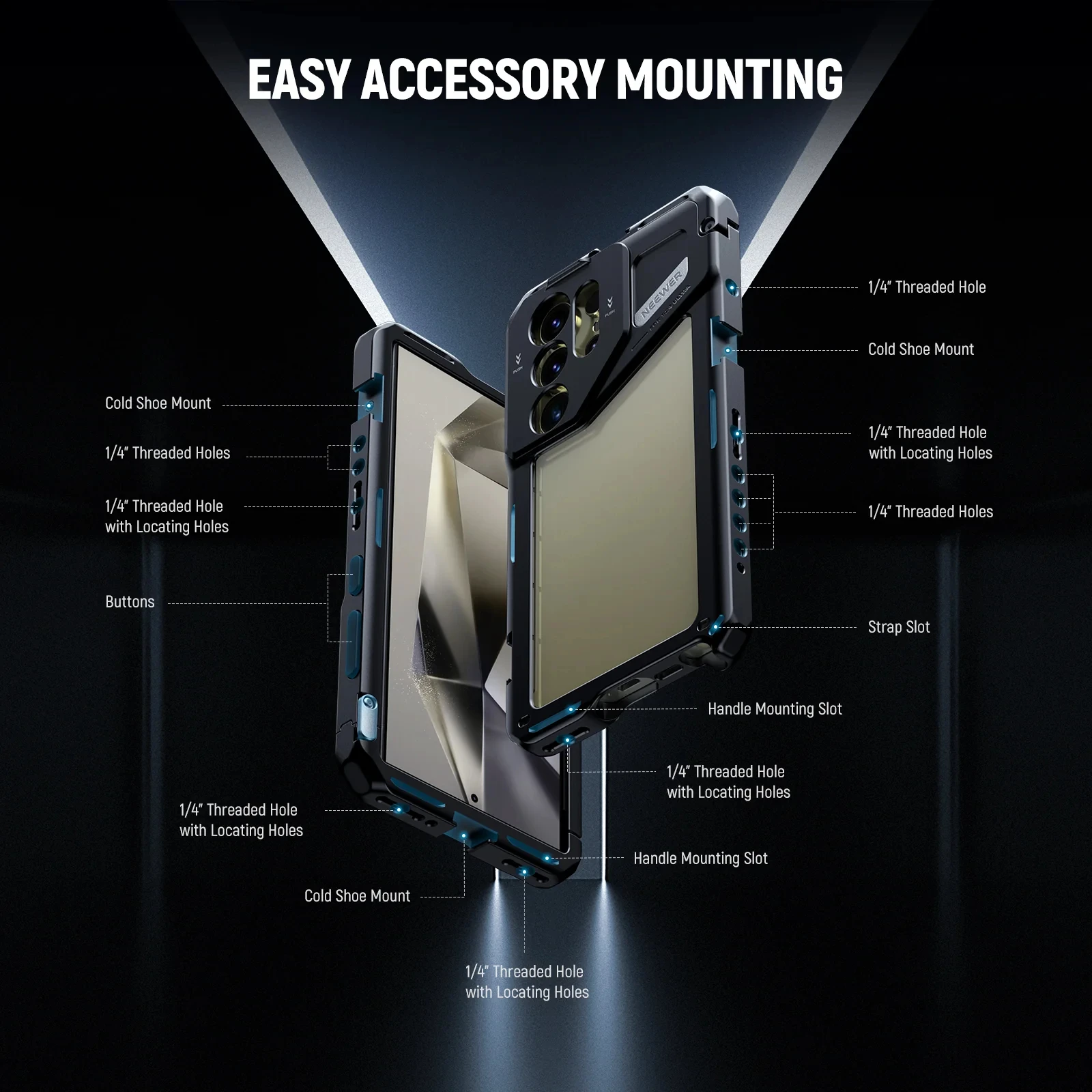 

NEEWER PA042 Клетка для телефона для SAMSUNG S24 из ультра алюминиевого сплава, быстросъемная клетка для телефона, боковая ручка для фотографии киносъемки