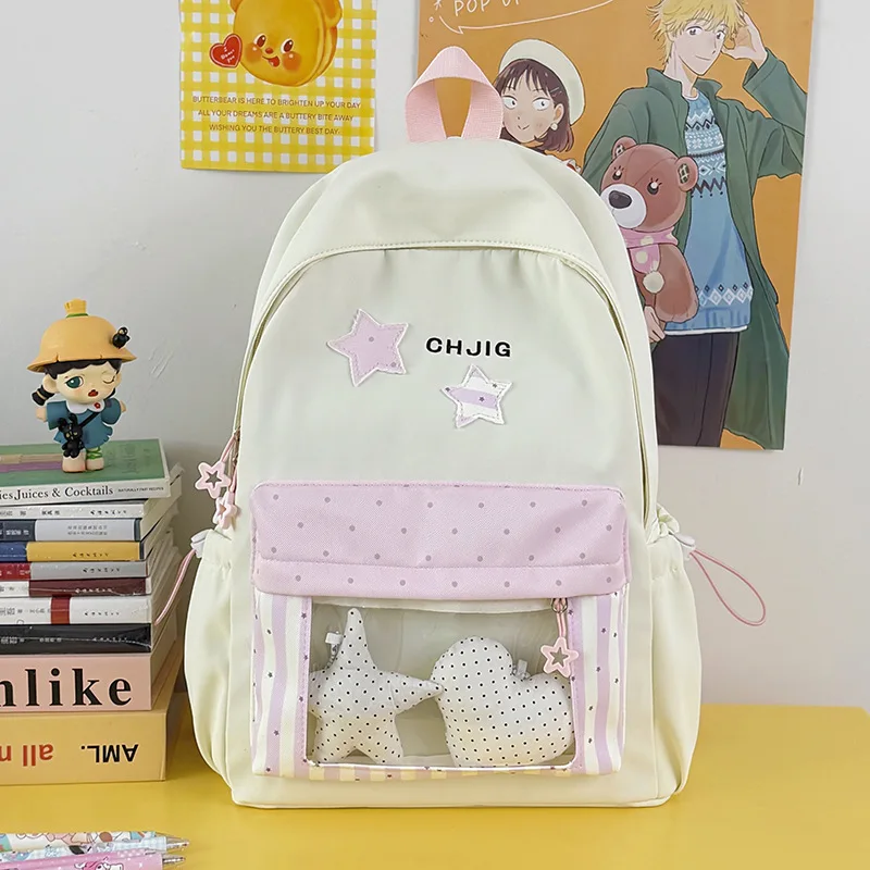 Nylon Dot Transparent Student Backpack Korean Style Sweet Cream White Polka Dot Star Soft Travel Bag School Bags for Girls