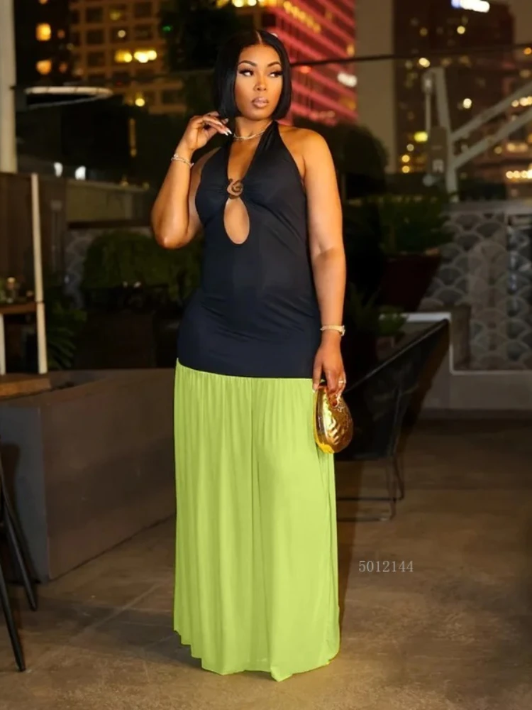 

Women Halter Neck Backless Patchwork A-line Midi Maxi Long Dress 2025 Vacation Holiday Party Beach Birthday Dresses 901914