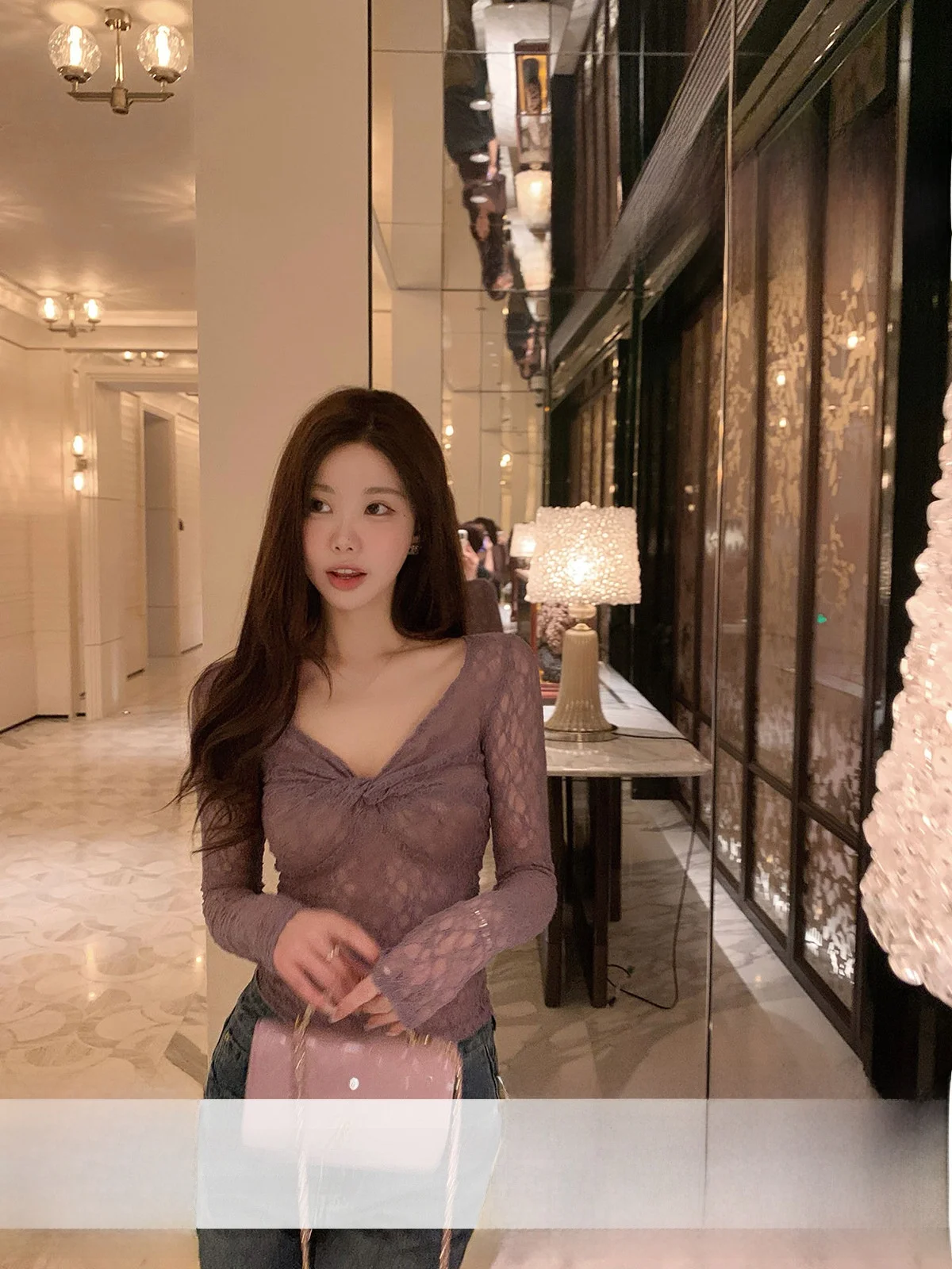 

YOLI Purple V-ne Lace irt Women's Slim Fit Seductive Pure Desire Spring Casual Sle Long Sve Lace Top