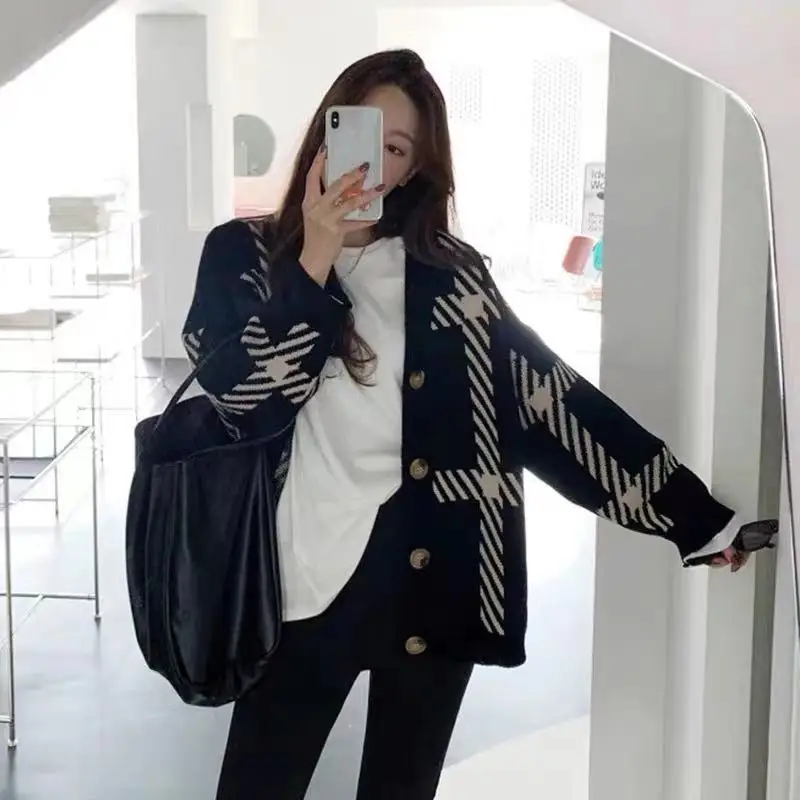 Black Striped Knitted Cardigan for Women in Autumn and Winter Loose and Lazy Style Simple and Versatile Sweater Jacket