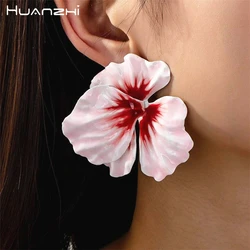 HUANZHI Multicolored Drip Oil Big Flower Earrings Enamel White Pink Flowers Vintage Party Jewelry for Women Girls 2024 New
