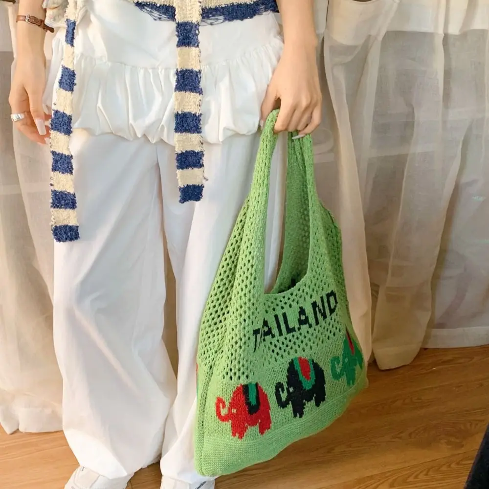 

Fashion Summer Cotten Crochet Shoulder Bag Elephant Large Capacity Hollow Out Weave Bag Handbag Simple Beach Handbag Summer