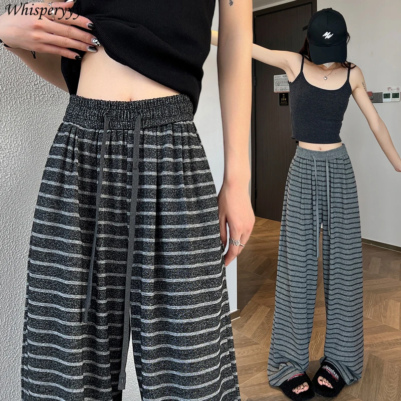 

Striped Knitted Wide-leg Pants Women's Spring Summer Drawstring Elastic High-waisted Trousers Female Casual Floor-mopping Pants