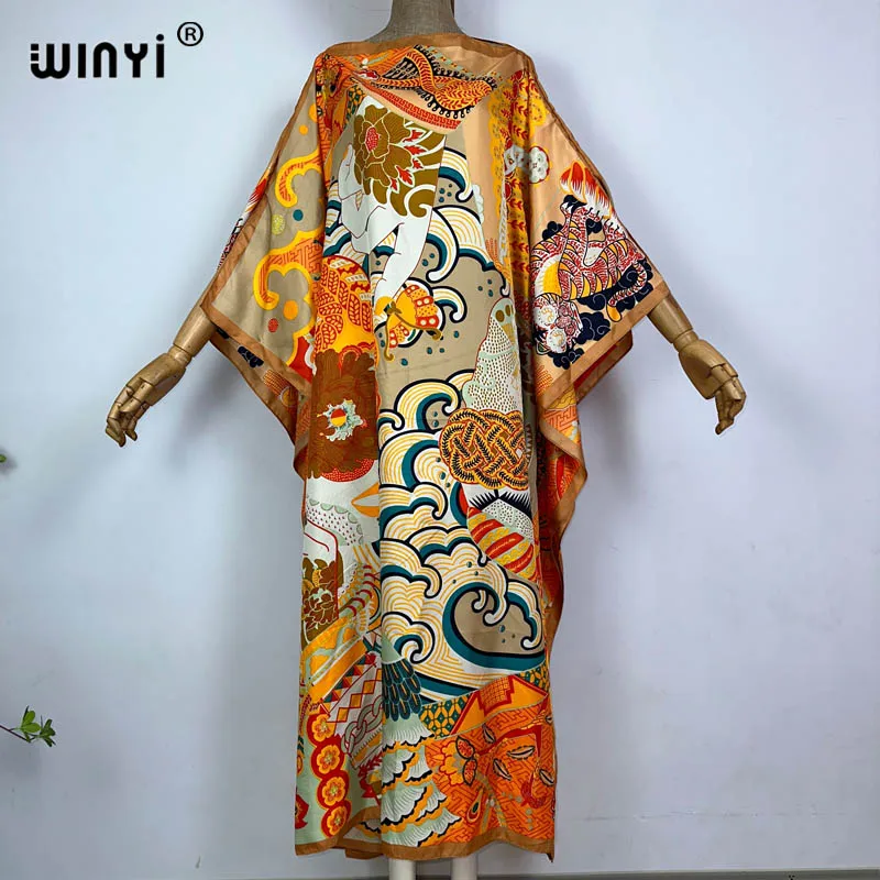 

WINYI Saudi Arabia new Blogger Recommend Popular printed Silk Kaftan Maxi dress Summer Beach Bohemian kaftan long dress for lady