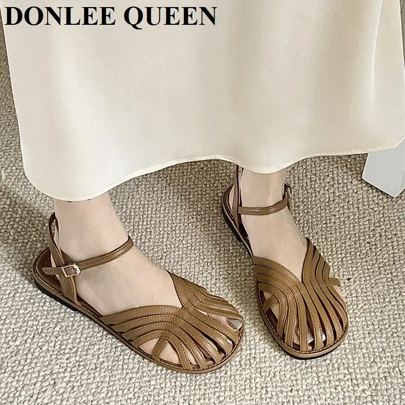 2024 New Fashion Narrow Band Sandals Women Flat Casual Rome Shoes Flat Heel Gladiator Ankle Strap Sandal Beach Slides Flip Flops