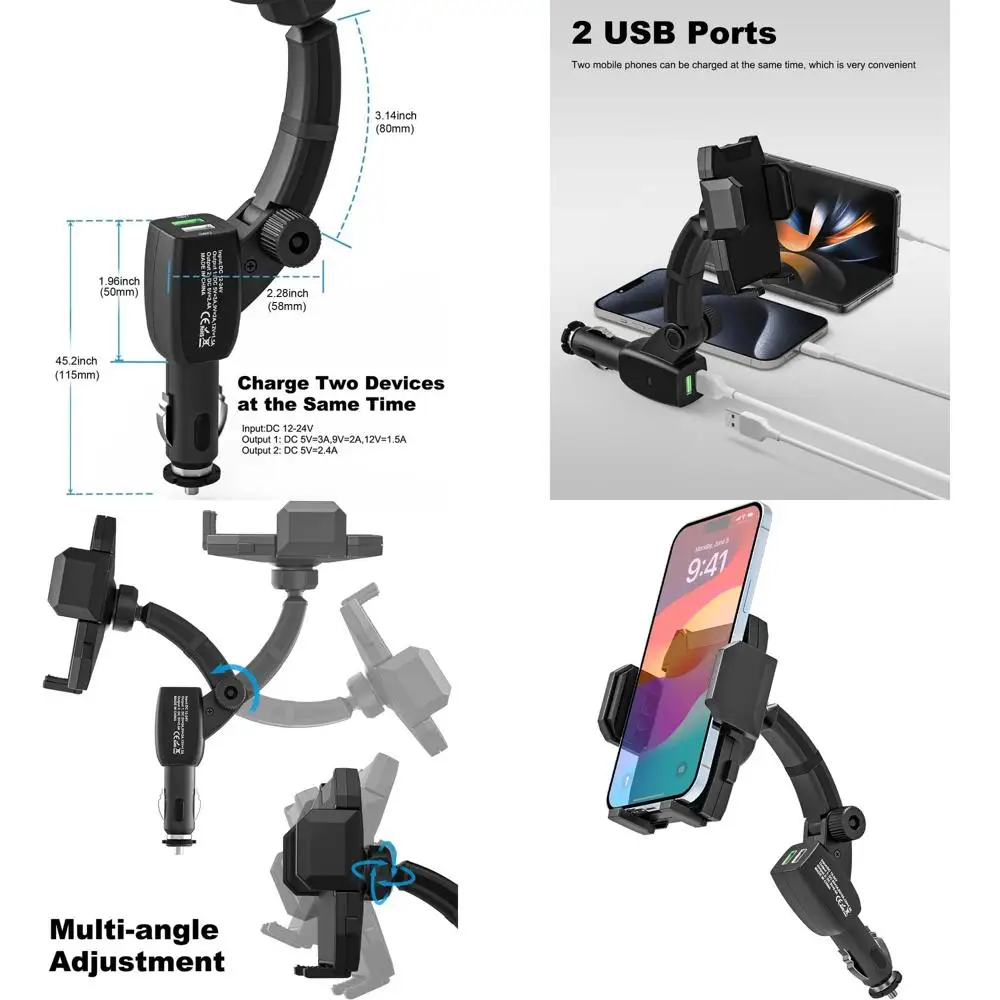 

Двухпортовый автомобильный держатель для телефона с регулируемым креплением для iPhone 17 Pro Max, 16, 15, 14, 13, 12, 11, S25 и других смартфонов с диагональю 4.7-7 дюймов