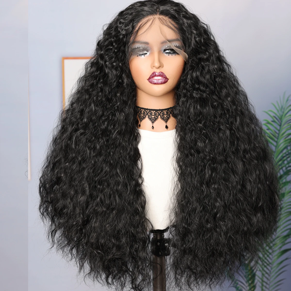 26 Zoll weiche vorgezupfte lange natürliche schwarze 180 Dichte Lace-Front-Perücken für Frauen verworrenes lockiges Babyhaar leimlose gute Textur