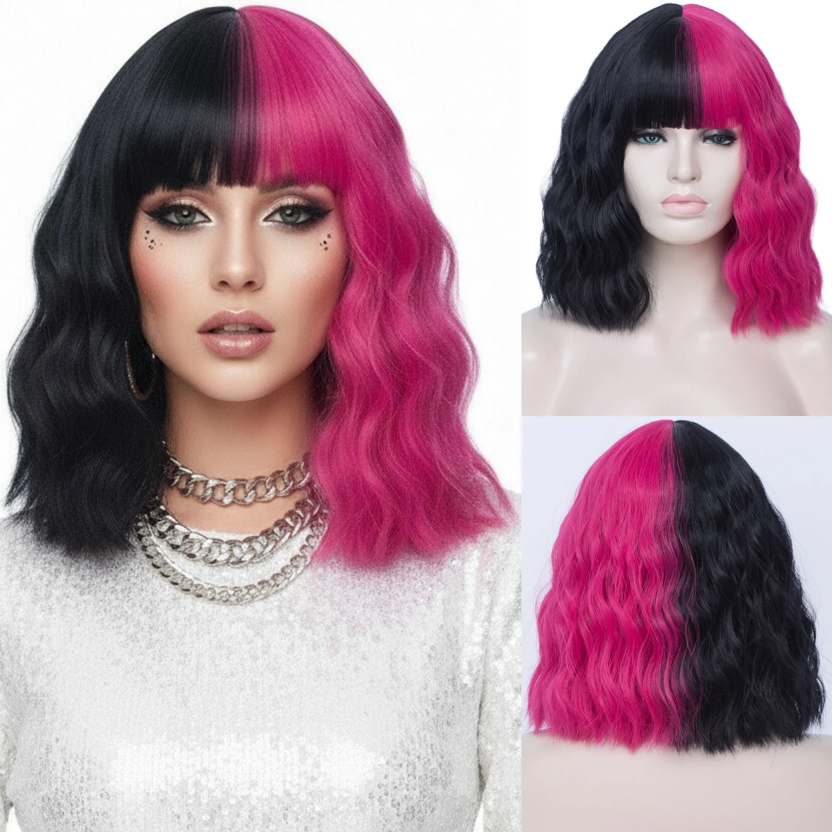

MSIWIGS Short Two Tone Black Pink Red Purple Color Wig Cosplay Bobo Synthetic Ombre Wavy for White Woman Cos