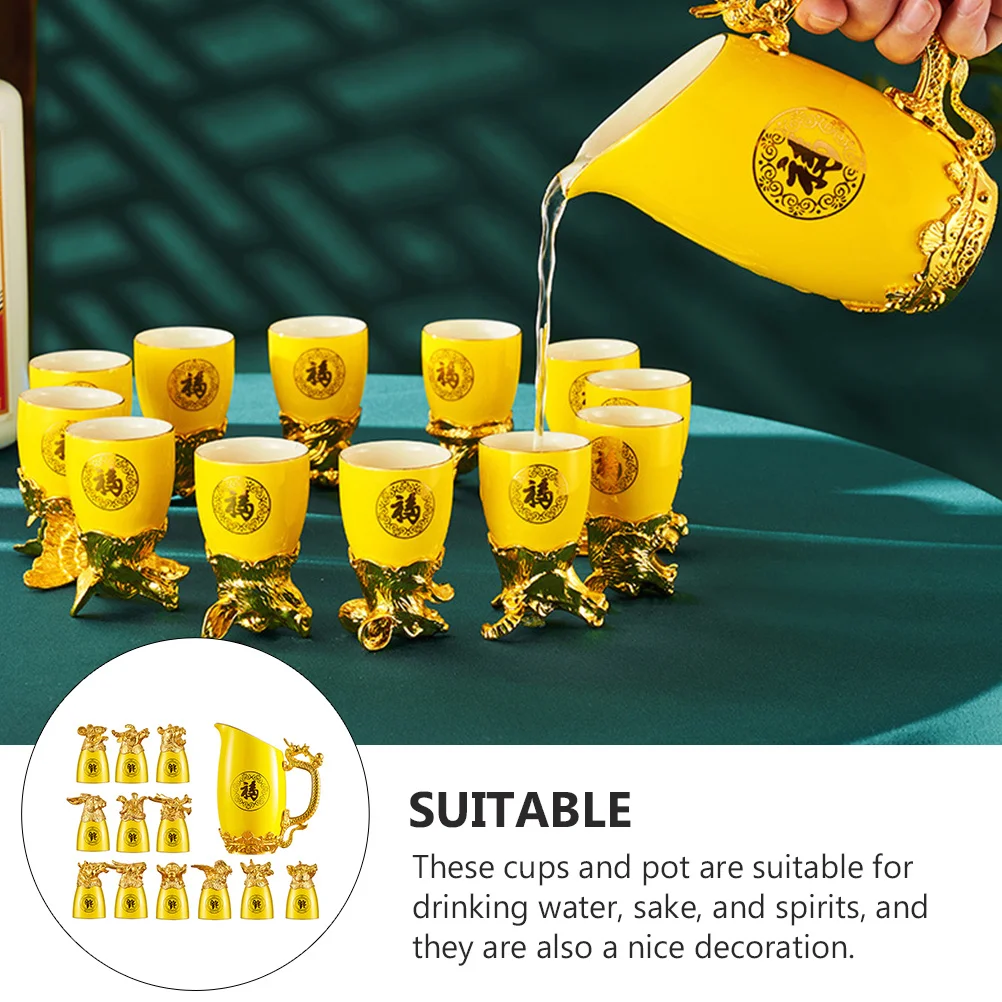 

1Set Chinese Zodiac Liquor Cup Ceramic Wine Cups Kit Yellow Luxury Goldplated Liquor Dispenser Set for Home Bar Hotel