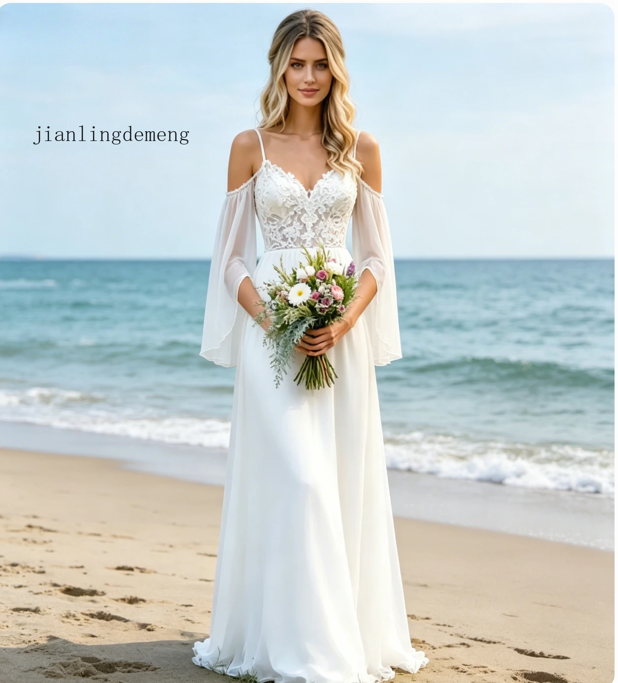 White Lace Chiffon Wedding Dress Off Shoulder Long Sleeve Bridal Gown Beach Bohemian Style with Floor Length Customized