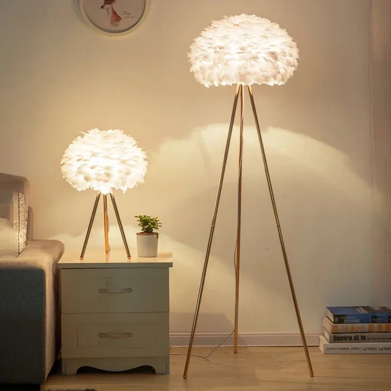 

Nordic Creativity Tripod Feather Floor Lamp Bedroom Bedside Lamp Living Room Home Decor Indoor Lighting Standing Table Light