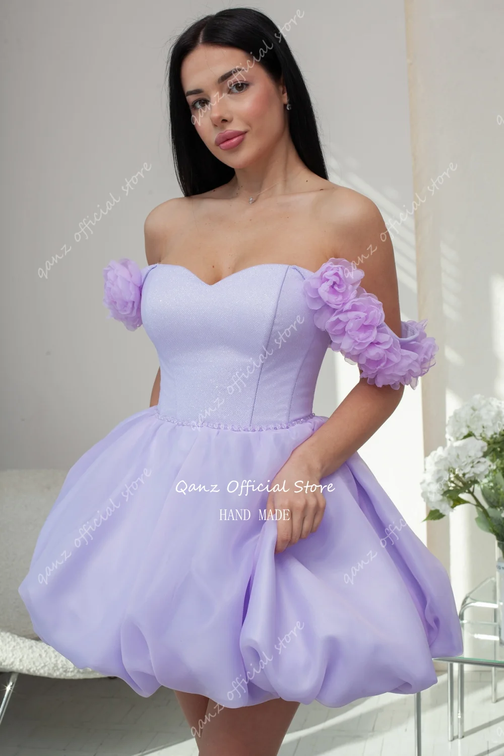 Qanz Elegant Lilac Short Party Dresses 3D Flowers Off The Shoulder Prom Dresses Fluffy Robes De Cocktail 2024 Customized