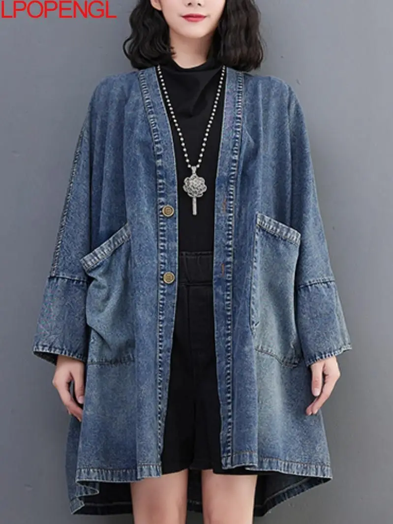 

Women's 2022 New Autumn Clothing Literary Retro V-neck Pocket Denim Jacket Loose Mid-length Batwing Sleeve Wide-waisted Coat