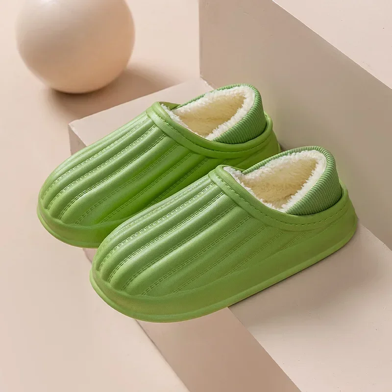 Autumn Winter Plush Warm Indoor Casual Soft Cotton Slippers Couple Style Concise Stripes Wrap Heels Anti Slip Waterproof Shoe