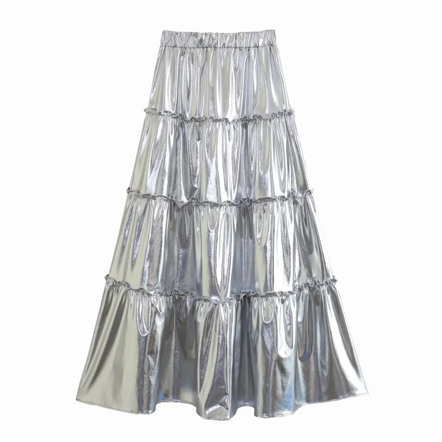 Suninheart Summer 2023 New Women\'s Silver Metal Texture Medium Length Skirts High Waist A-Line Slim Large Skirt Hem Cake Skirt