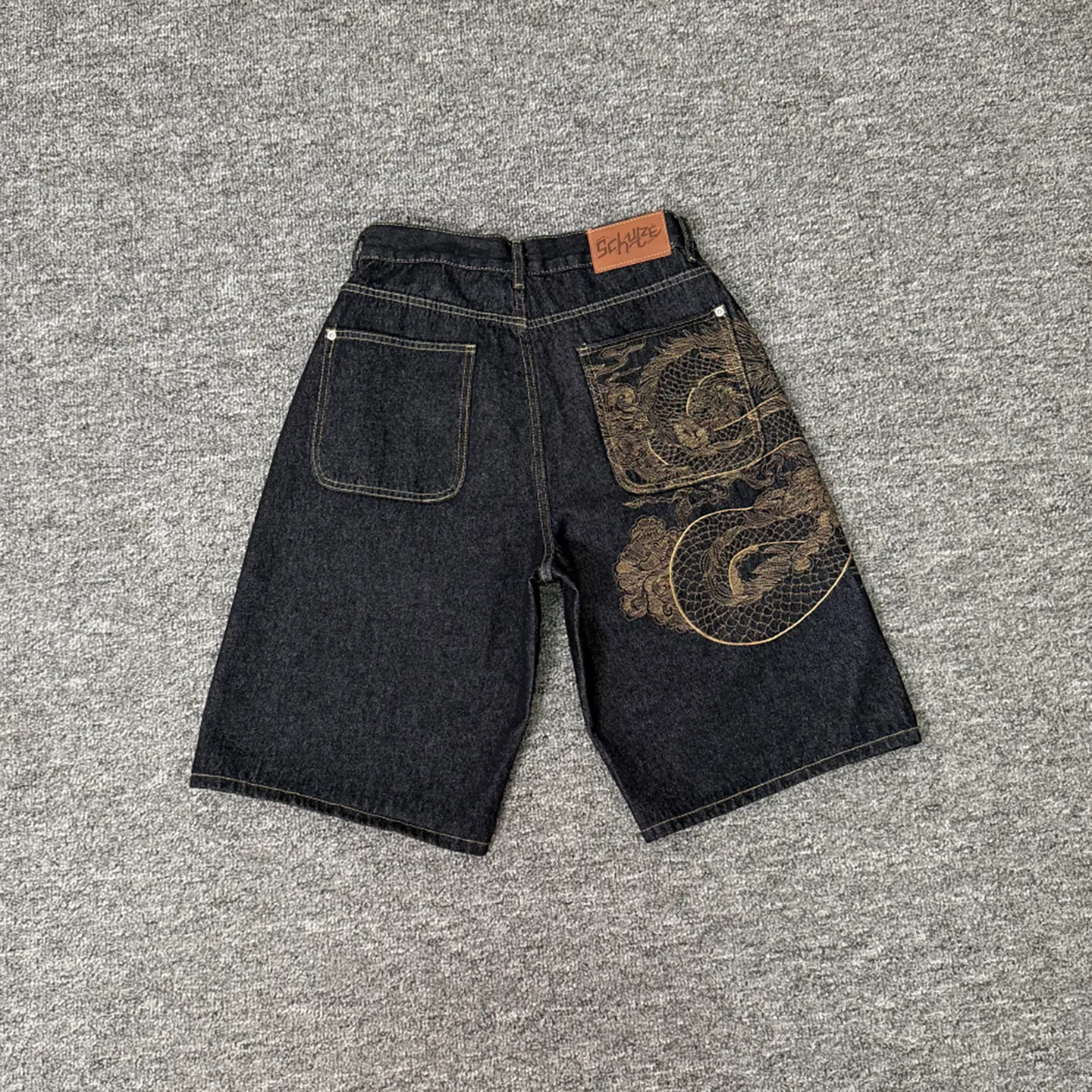 Summer American High Street Yellow Dragon Embroidery Pattern Jeans Couple Loose Washed Casual Loose Straight Five-Point Pants