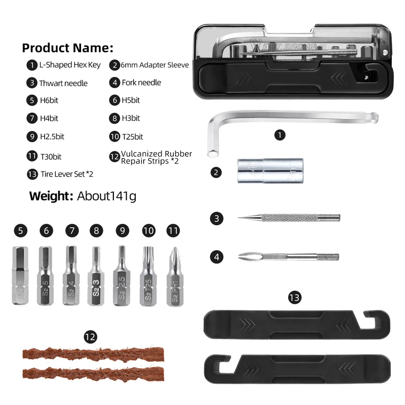WEST BIKING 14-in-1 Mini Multi-function Wrench Tool Kit Alloy Steel Bits Tire Lever Bicycle Repair Tool Set MTB Bike Accessories - Image 5