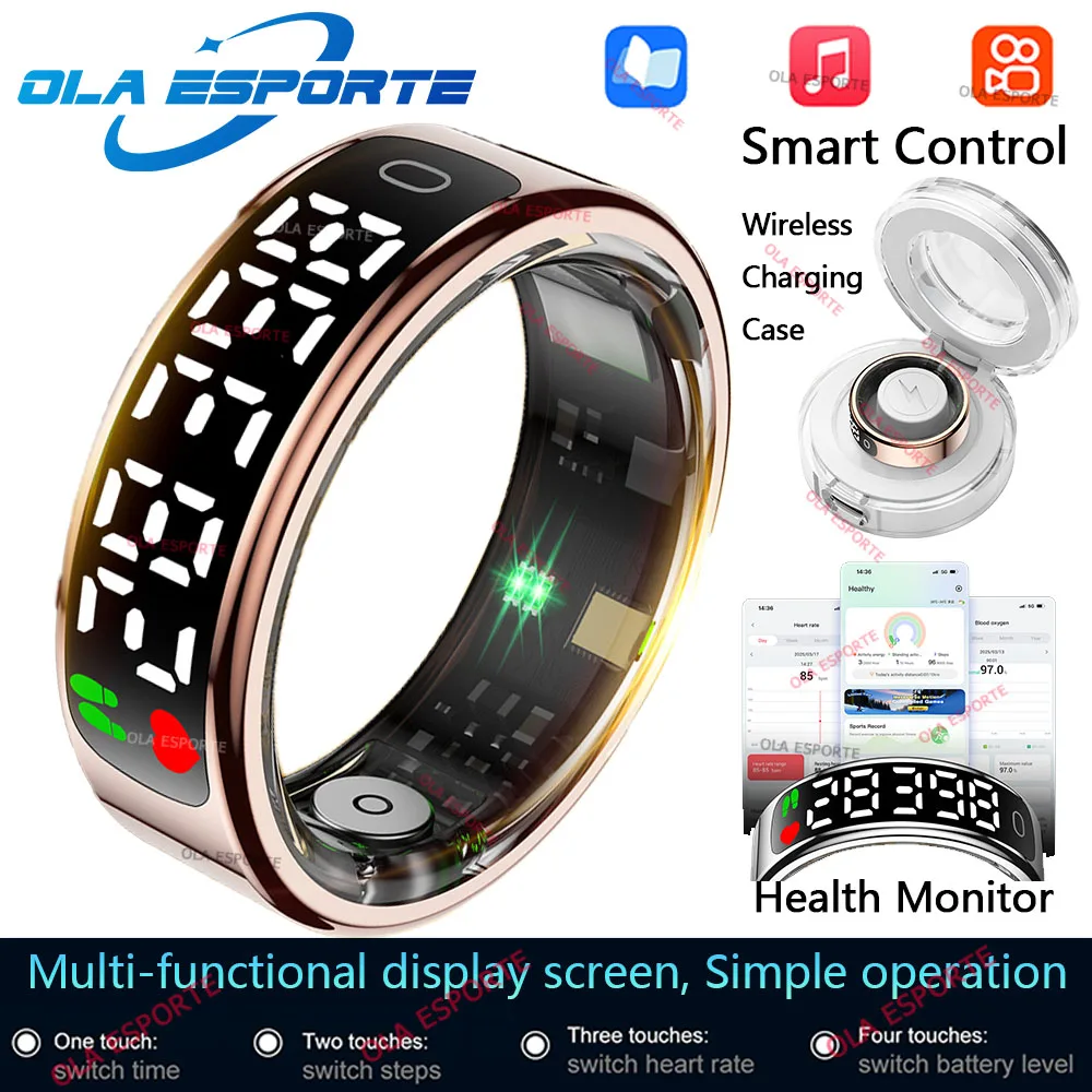 

Smart Ring LED Touch Display Screen Health Monitor Gesture Control Wireless Charging Case Sport Waterproof Ring Men Women 2025