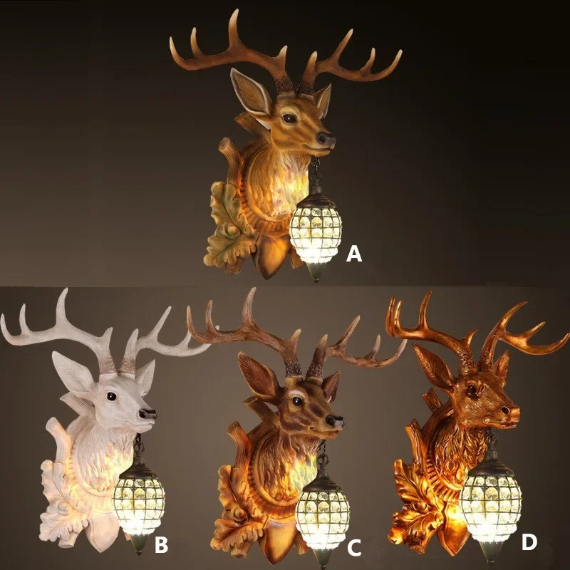 American Retro Lucky Deer Head Wall Light Living Room Kitchen Nordic Resin Lamp Simulation Animal Decoration Bracket Lights