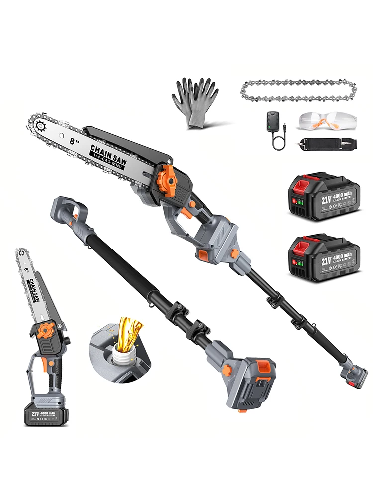 TaskStar 2-in-1-Stangensäge zum Baumschnitt, 8 Zoll, kabellose, bürstenlose Kettensäge mit automatischer Schmierung, Elektrosäge mit verstellbarer Verlängerungsstange (max. 15 Ft), 2 wiederaufladbare