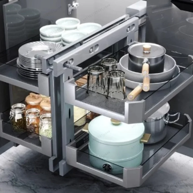 700mm Corner Pull-Out Basket Cabinet with Rotating Mechanism, Full-Extension Double-Layer Drawer Storage Rack