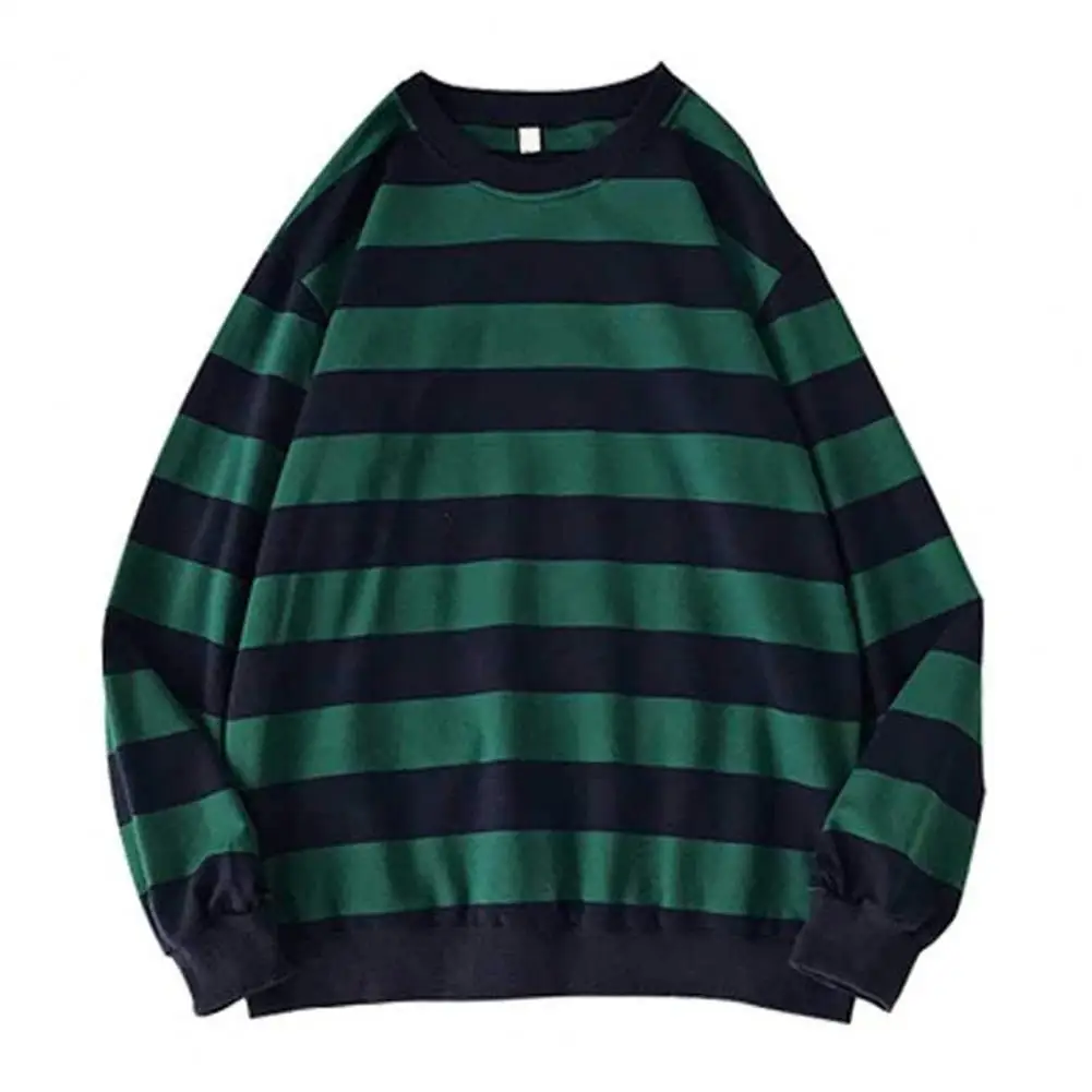 

Korean Style Long Sleeve Men Overszed Pullover Tops Stripe Contrast Colors Round Neck Casual Spring Top for School Streetwear