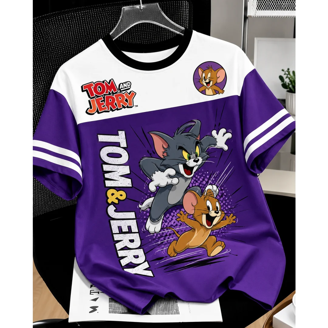 Tom And Jerry Vintage T-Shirt, Farbblock-Gestreiftes T-Shirt, Retro-Cartoon-Katze-Maus-Grafik, Lässige Streetwear-Oberteile für Männer, Frauen und Kinder – Detail 4