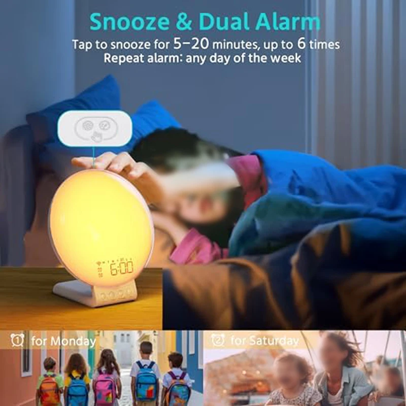 Wake Up Light Alarm Clock With Sunrise/Sunset Simulation Dual Alarms FM Radio Nightlight 7 Colors Natural Sounds Snooze