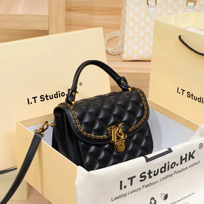 Women's handbag designer brand genuine leather diamond grid portable small square bag 2026 new high-end feeling crossbody bag