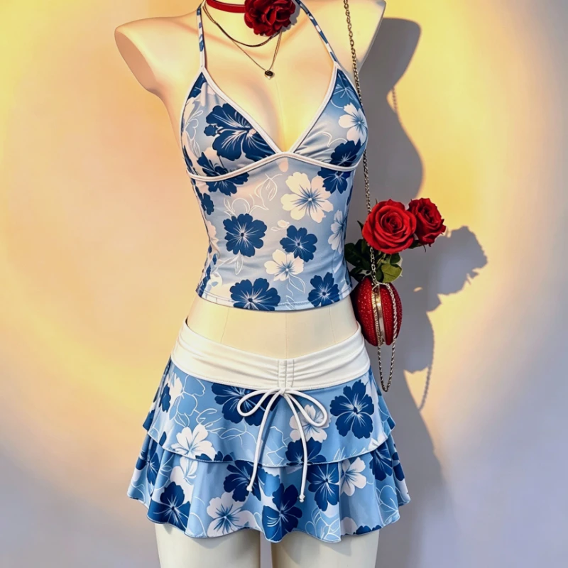 Japanese Kawaii Women Y2K 3 Piece Swimwear Sweet Printed Ruffle Lolita Bikini Crop Top Skirt Set Summer Beach Holiday