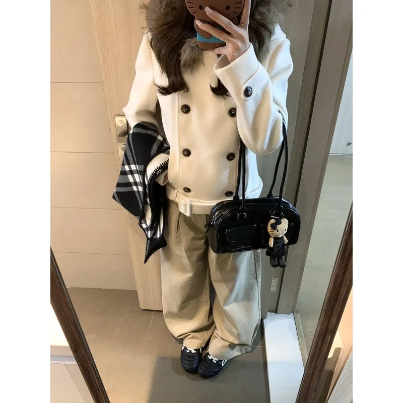 المشمش الأكسجين النسيج اللغة المتخصصة تصميم تحسس مزدوجة الصدر مقنعين معطف الصوف الشتاء ضوء المشمش معطف الصوف #3