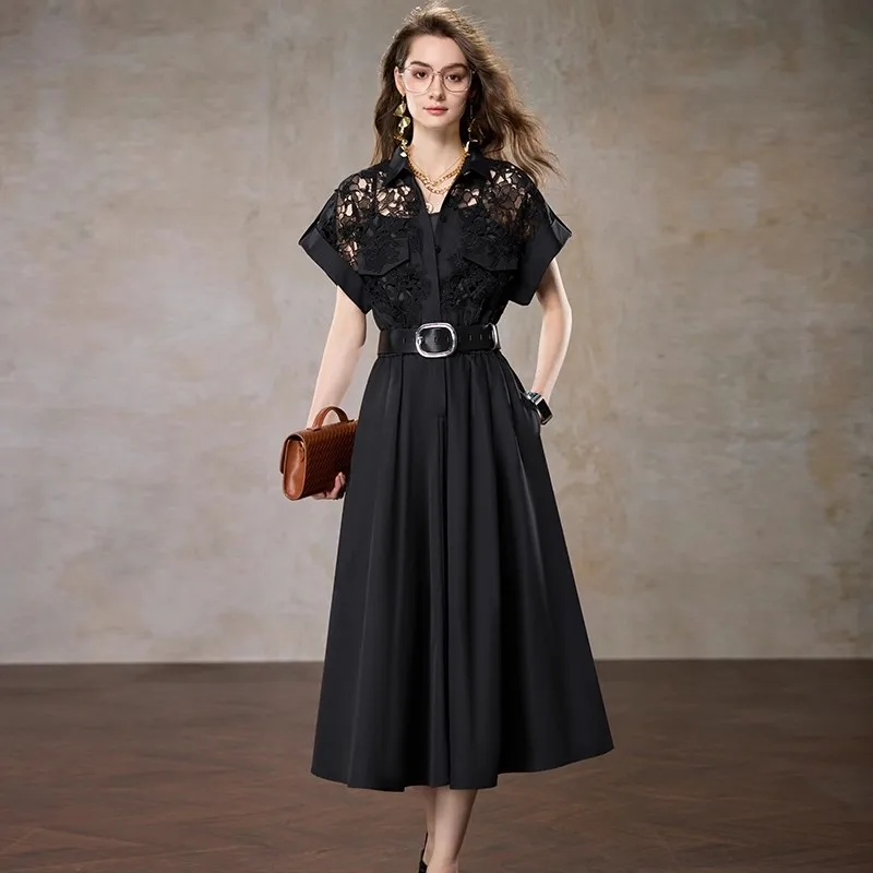 Elegant Hollow Out Lace Patchwork Midi Long Dresses Shirt Women Summer Turn Down Neck Short Sleeve Belt Evening Party Vestidos