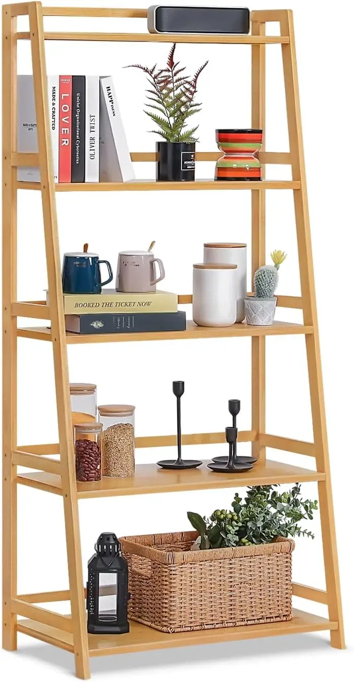 Ladder Shelf, Bamboo 5 Tier Multi-Functional Book Shelf Storage Rack Organizer, Plants Stand Display Shelf for Living