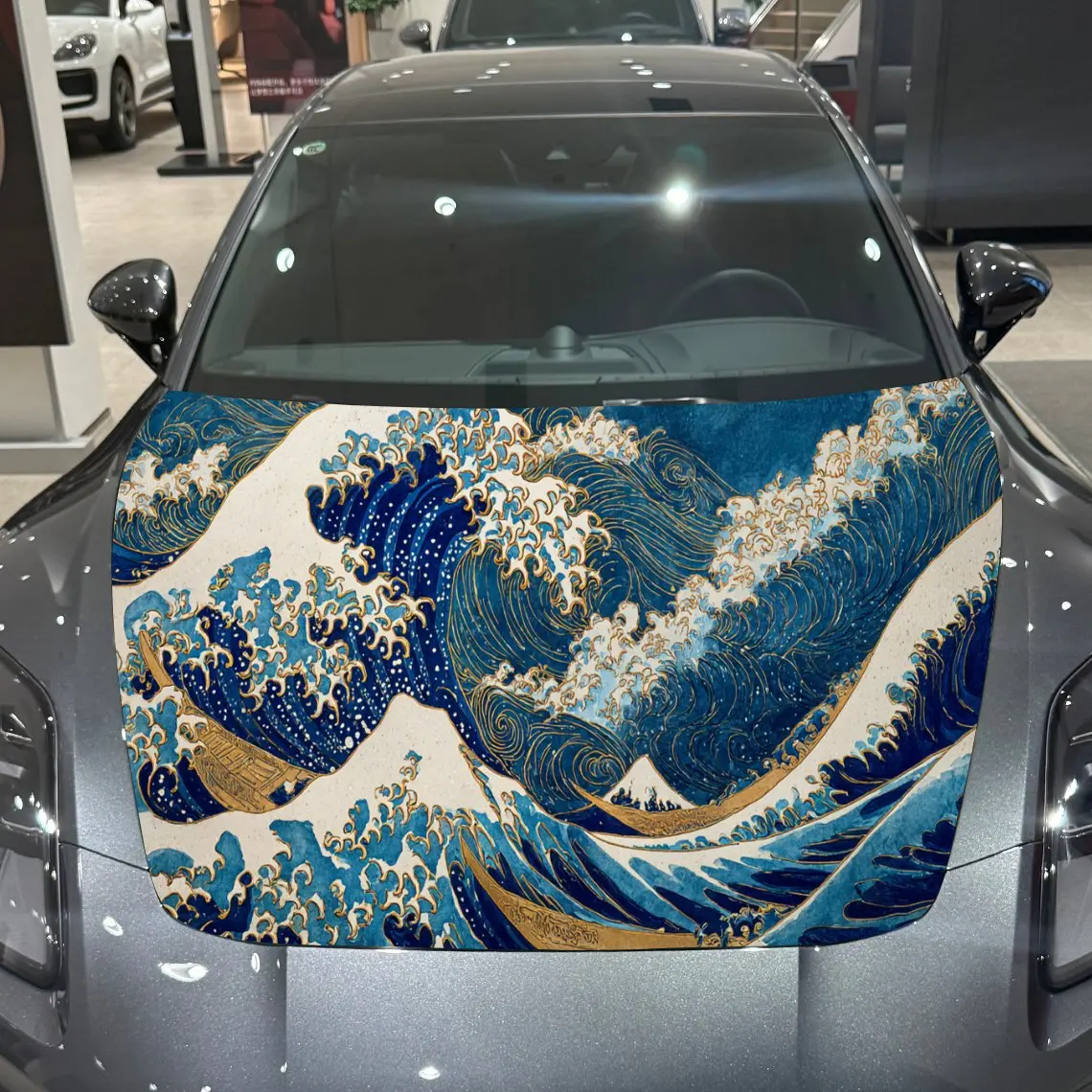 

Blue Surging Japanese Style Waves PVC Car Hood Wraps, Self-Adhesive Waterproof Car Bonnet Decal Sticker, Car Decoration Protecti