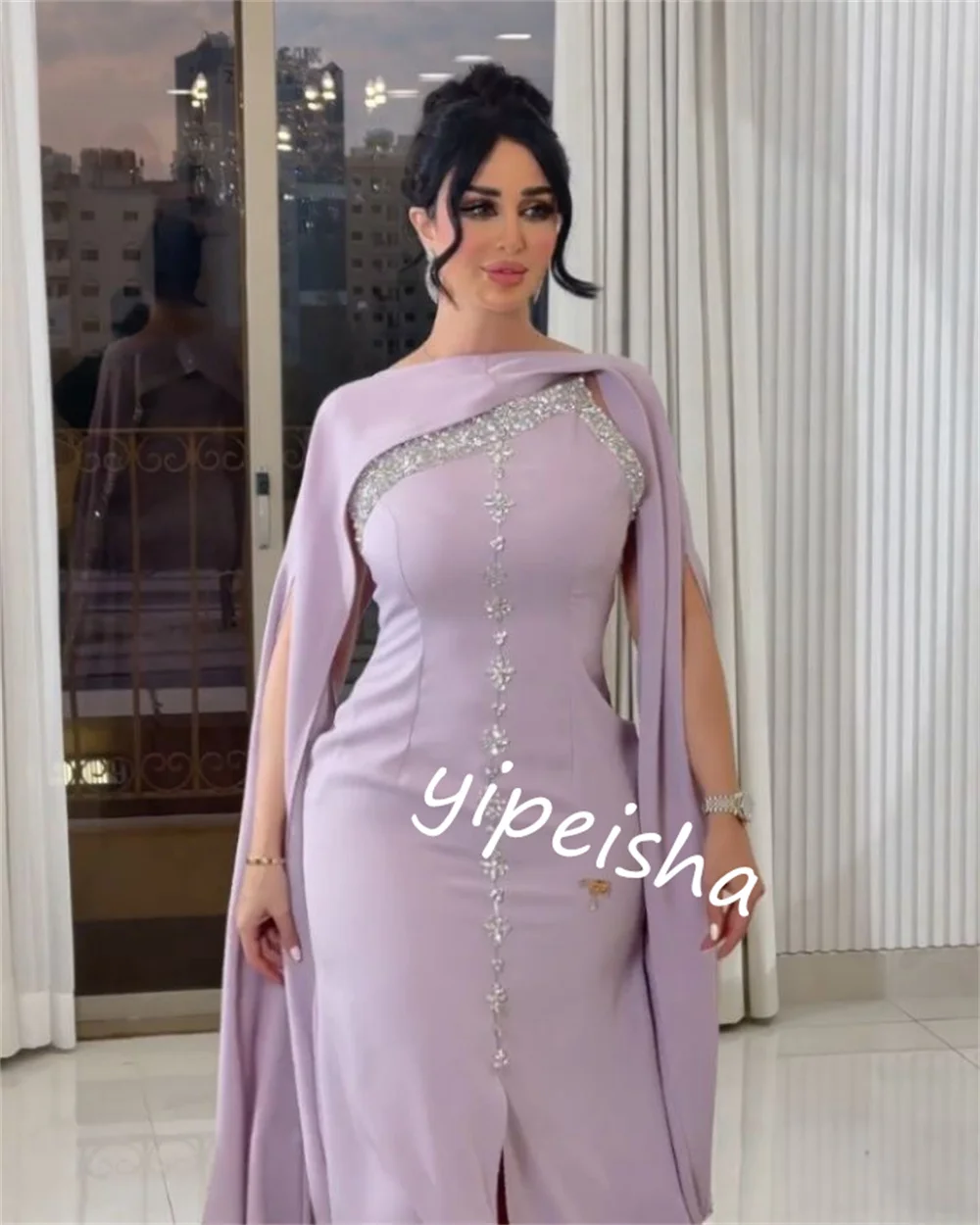 Vestido de noche personalizado de Arabia Saudita, Jersey con cuentas, corte en A, cuello redondo, vestido para ocasión a medida, vestidos largos