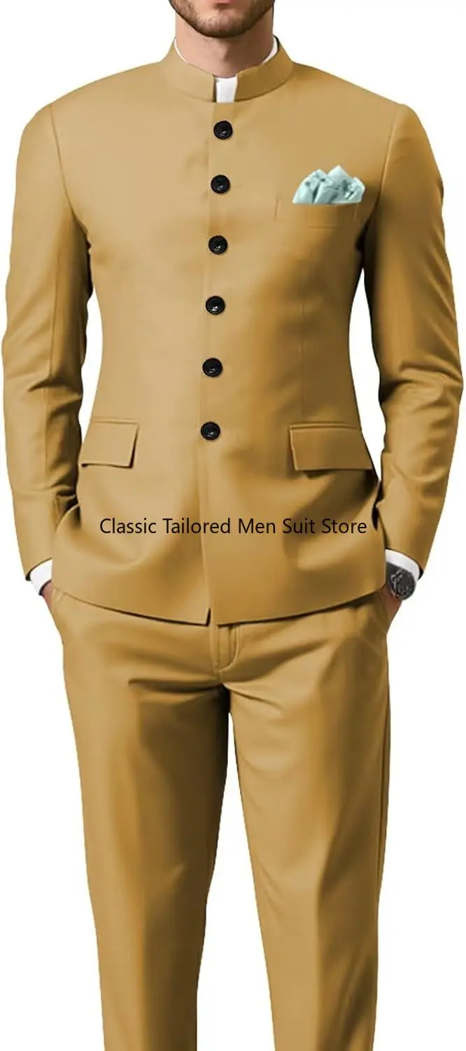 Men's Chinese Tunic Suit Mandarin Collar 2 Piece Slim Fit Traditional Uniform Groom Wedding Blazer Pant Set