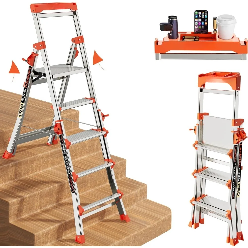 

Ladder, Aluminum 5 Step Ladder with Handrails, Anti-slip Wide Pedal, Tool Platform, Folding Step Stool Step Ladder for Stairs