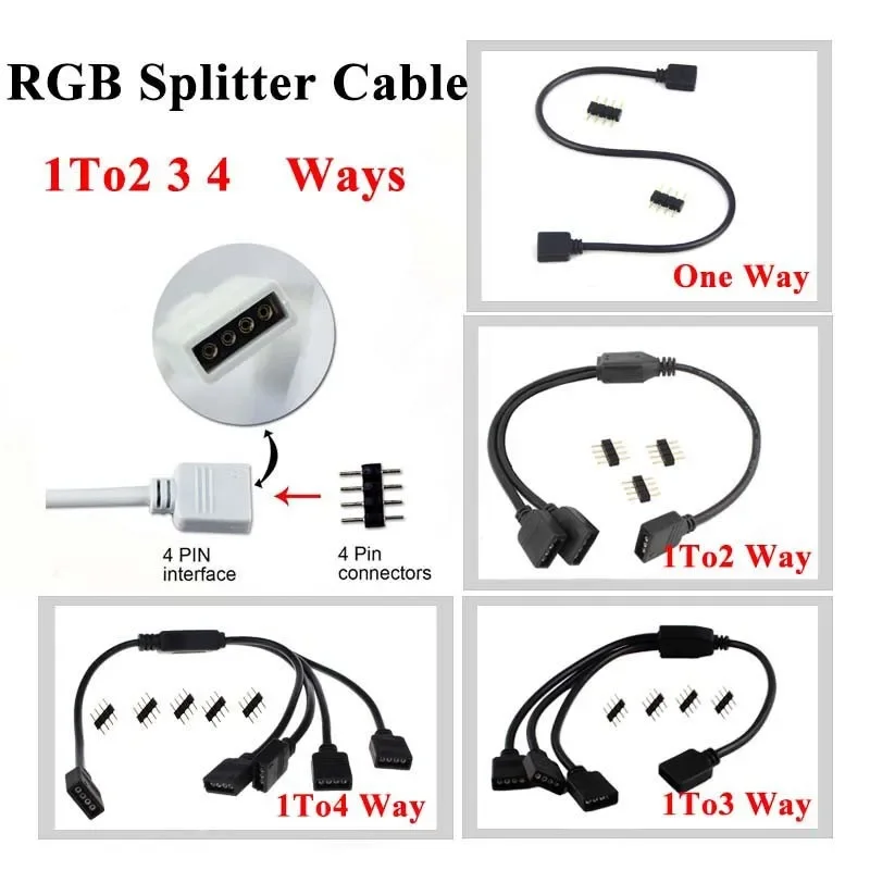 DC 12V Lighting Connector Wire 4PIN RGB 5PIN RGBW Splitter Cable Connector 1 To 2 3 4 Way Extension Cord Y Shape LED Splitter