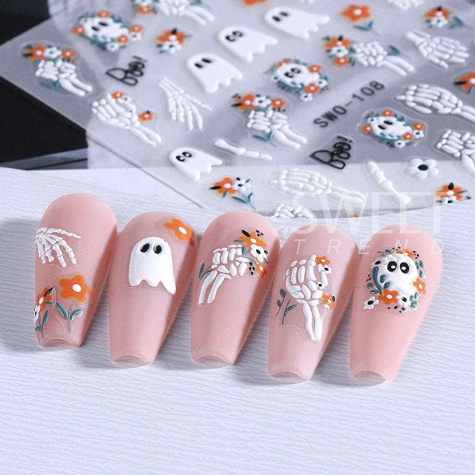 1/3 stücke 3D Halloween Nagel Aufkleber Kürbis Geist Spinne Schädel Design Bogen Blume Nette Katze Klebstoff Slider Aufkleber maniküre Dekor