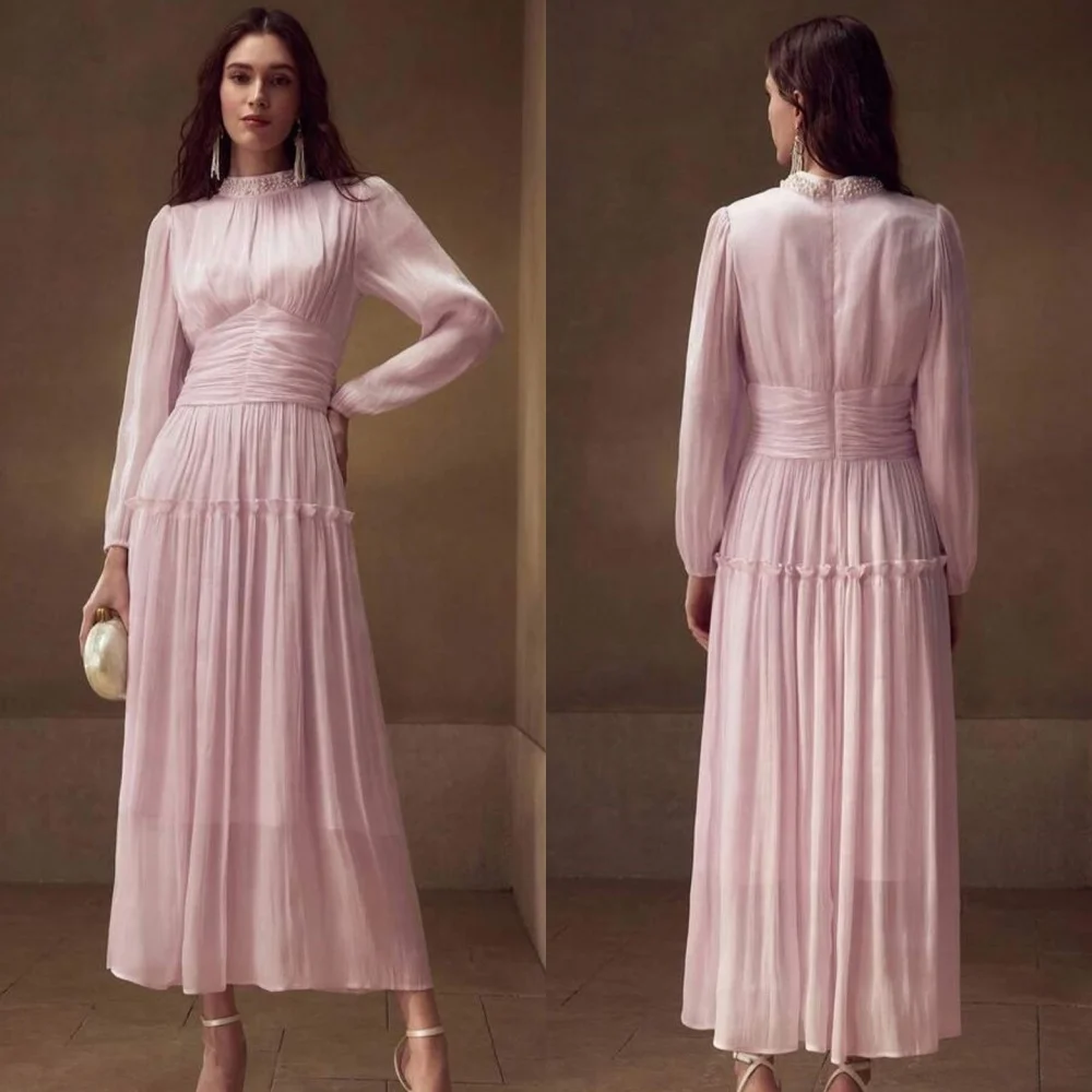 

Customized Modern Style Elegant Chiffon Pearl Straight High Collar Ankle Length Dresses Bespoke Occasion Dresses Sizes Available