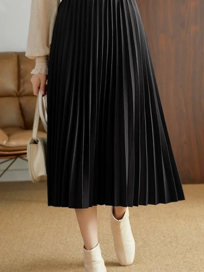 

Юбка миди Ele Bla с высокой талией и плиссировкой для женщин, повседневная, А-силуэт, корейский стиль, из полиэстера, с дизайнерскими складками