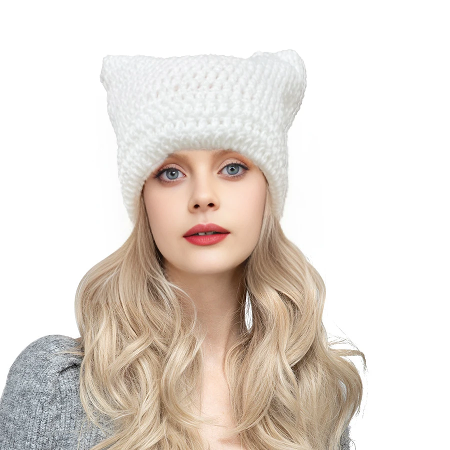 Cute Cat Ear Beanie Crochet Hats for Women Girl Knitted Y2K Striped Winter Warm Loose Fit Handmade HipHop Stylish Skullies Cap