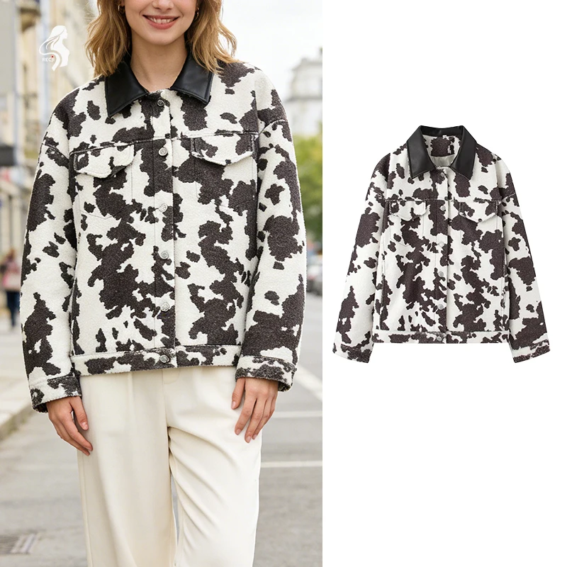 

Womens Notched Collar Single Breasted Jacket Cow Print Fringe Back Coat Everyday Street Style Trendy Retro Casual Jacket Tops
