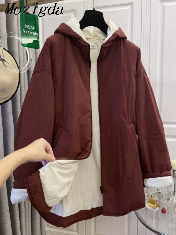 Autumn Winter Hooded Cotton Jacket Women Loose Casual Warm Filled Woman Coat Long Sleeve  Zipper Mid-Length Ladies Jackets
