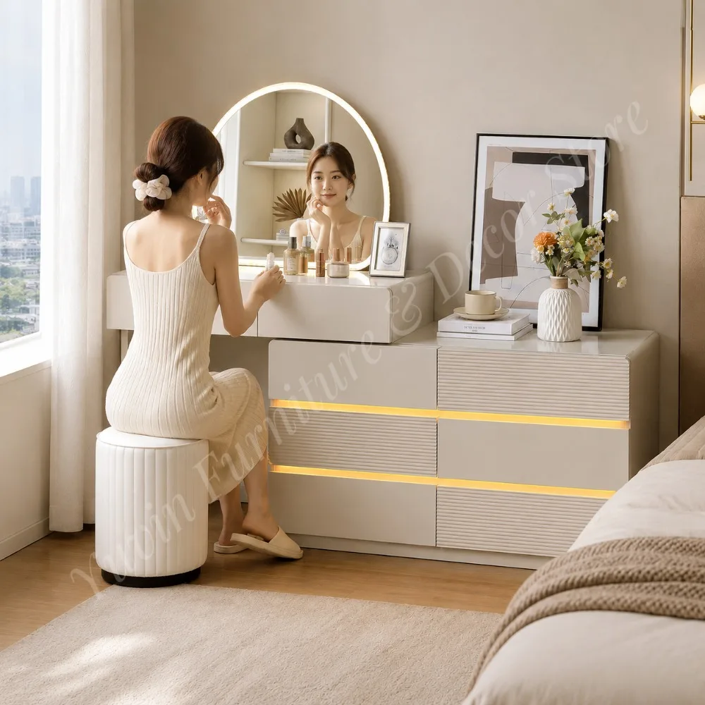 Modern Hotel Bedroom Dressing Table Removable Panel LED Dimmable Lighted Mirror Pine 6-Drawer Dresser for Corner Makeup Vanity