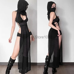 New Sexy Japanese Ninjas Cosplay Costume For Women Black Hooded Deep V Hollow Out Slim Dress Halloween Pagan Gothic Costumes