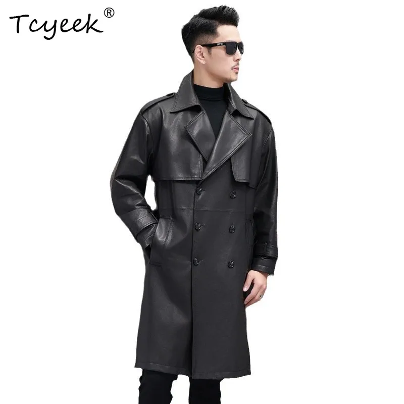 เสื้อแจ็คเก็ตหนังแกะแท้ Tcyeek สำหรับผู้ชาย เสื้อโค้ทยาวทรงเทรนช์โค้ท สไตล์ลำลองสำหรับธุรกิจ เสื้อโค้ทผู้ชายสำหรับฤดูใบไม้ผลิและฤดูใบไม้ร่วง เสื้อแจ็คเก็ตหนัง