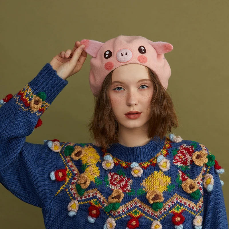 

Women Pink Pig Warm Wool Felted Beret, Cute Wool Hats